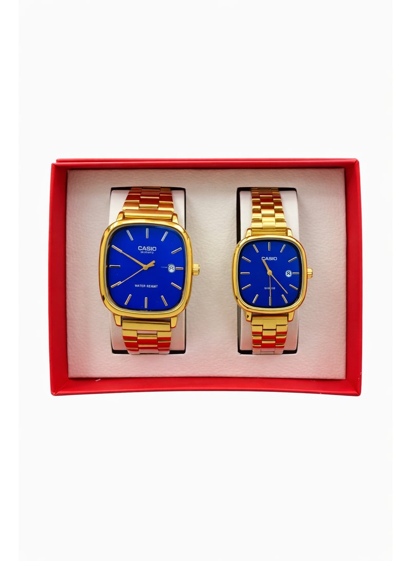 Casio Couple Wrist Watch Gift Set – Men & Women Analog Watches with Blue Dial and Gold Stainless Steel Bracelet